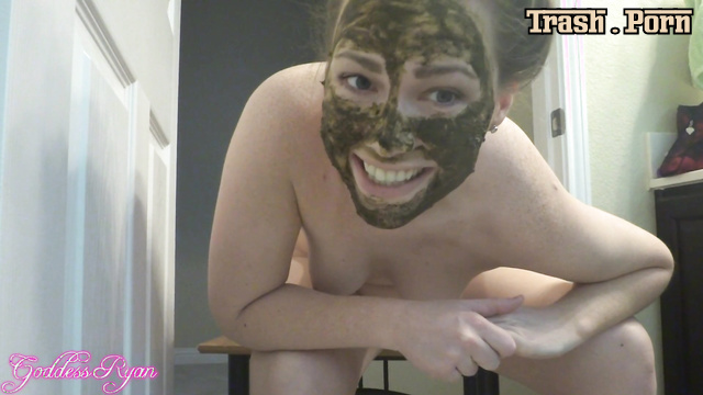 Girl masturbates pussy vibrator in shit, face covered feces