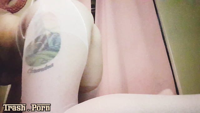 Busty topless lady pooped in tore pantyhose, PottyQueen
