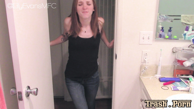 Slim student pissed in her new blue jeans, don't tell anyone
