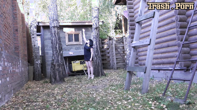Brunette climbed up the ladder and took a crap and peed from there