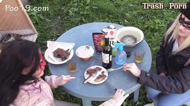 Barbecue ended with shit in his mouth (girls having fun)